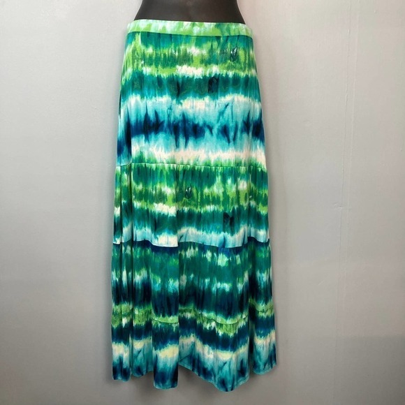 CHICO'S Bright Green Blue Striped Tie Dye Tiered Maxi Skirt Elastic Waist Size S - Picture 1 of 12